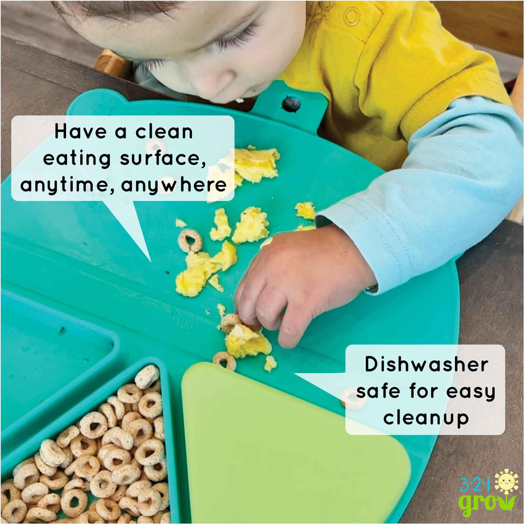 Silicone On-The-Go Snack Mat - Foldable Reusable Placemat with 3 Compartments and Lids - Travel-Friendly Baby and