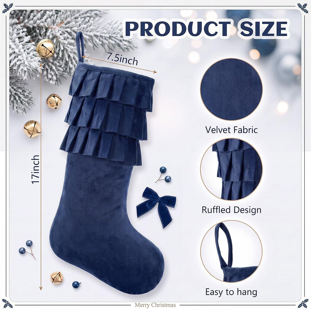 Navy Blue Velvet Christmas Stockings 18" Ruffle - Set of 2