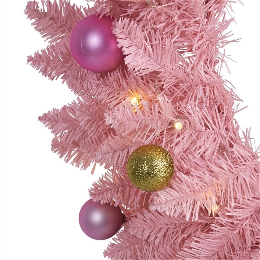 24" Pink Artificial Christmas Wreath with 35 LED Lights, Decorative Ornaments, Flocked Pastel Hue, Golden Bow