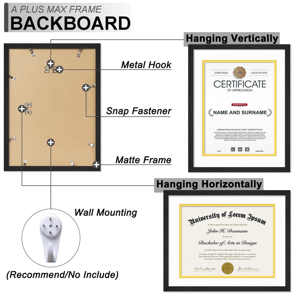 Black 11x14 Diploma Frame Set of 2 Display 8.5x11 Certificate with Mat