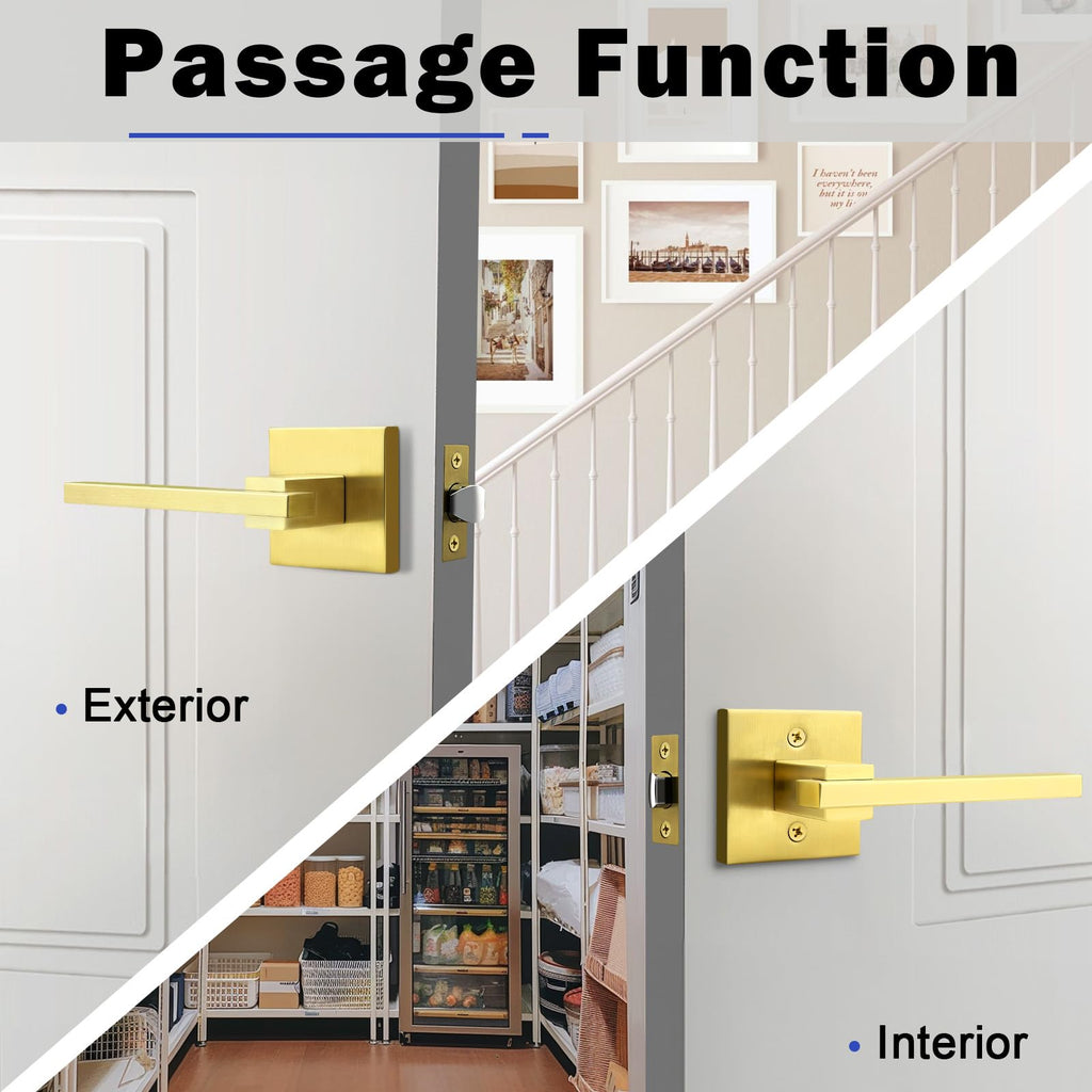 1 Pack Gold Square Passage Door Handle, Non-Locking Door Lock, Door Lever for Closet and Hallway