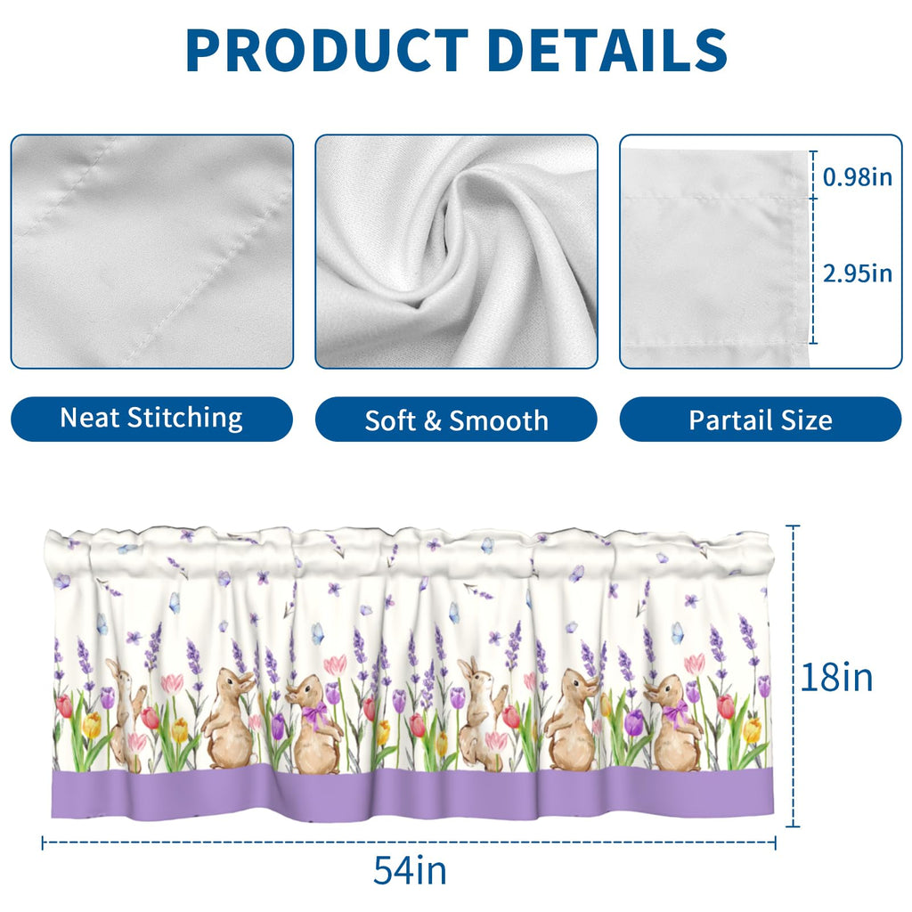 Easter Rabbit Curtain Valance Lavender Floral Short Kitchen Valances 2 Panel Rod Pocket Blackout Drapes Dining Room