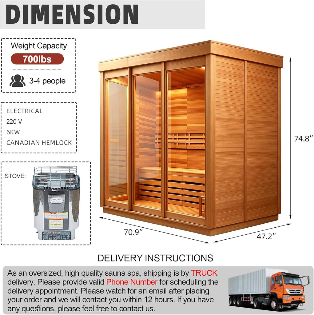 Outdoor 3-4 Person Steam Sauna, Canadian Red Cedar Sauna Room , Withstand Outdoor Temp 6KW ETL Heater 220V/195°F