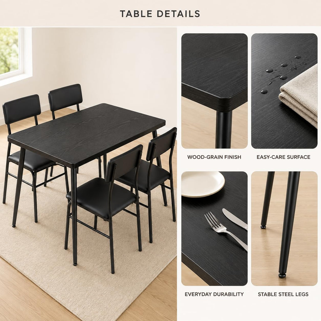 Dining Table Set for 4, Modern Kitchen Table with Chairs, Black