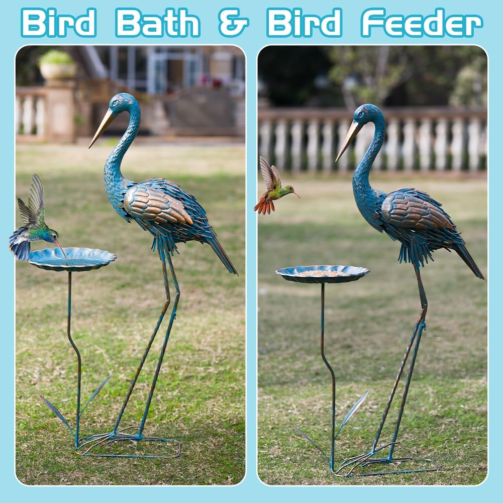 Metal Crane Garden Statue for Outside with Leaf Tray | Large Heron Outdoor Statues, Elegant Crane Yard Art Garden