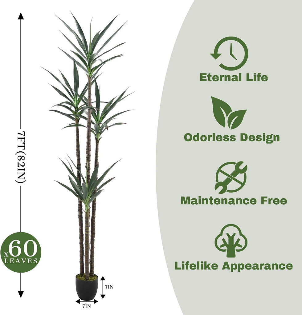 Tree 7ft Faux Agave Plant with 60 Leaves and 4 Realistic Trunks,Fake Floor Potted Artificial Tall Plants Garden Decor