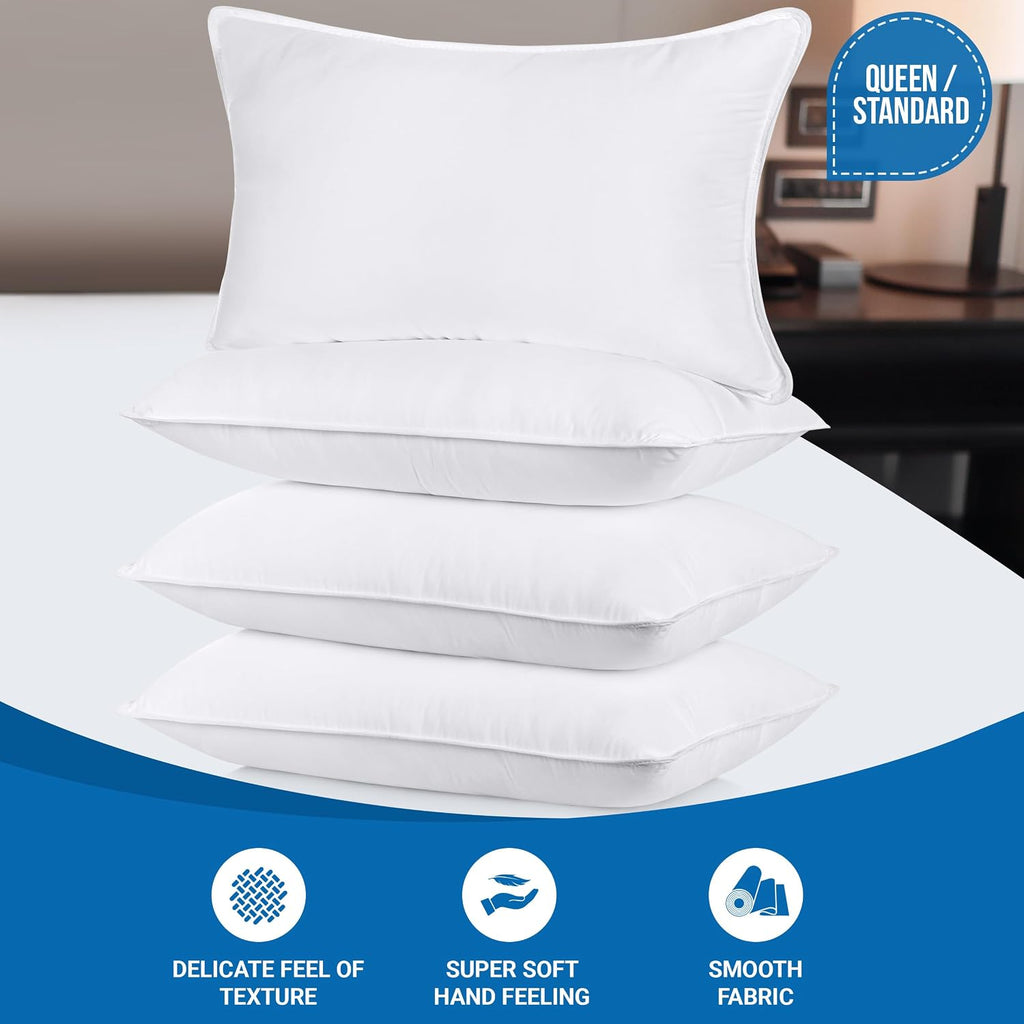 Bed Pillows for Sleeping (White), Queen Size Set of 4, Hotel Pillow, Cooling Pillows for Side, Back or Stomach