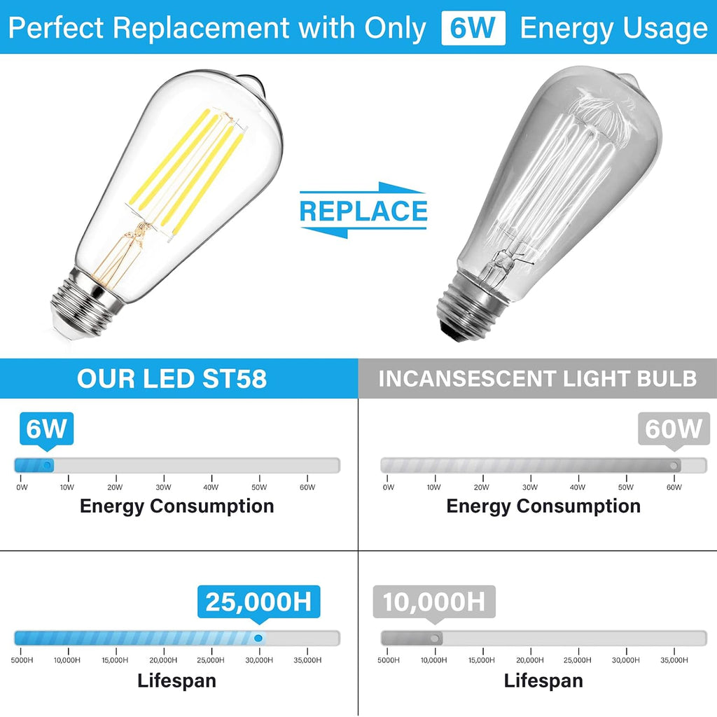 Vintage LED Edison Bulbs 60 Watt Equivalent, 6W E26 Led Bulb