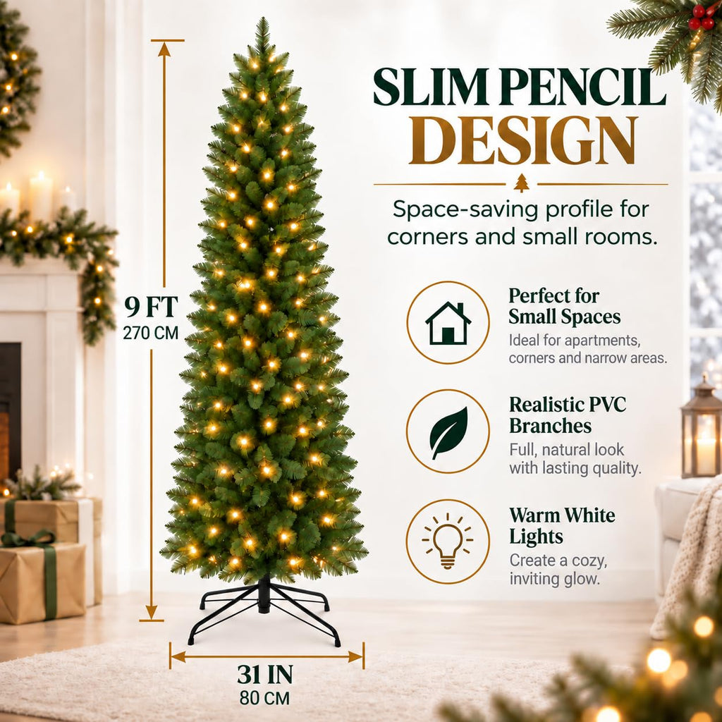 9FT Slim Pre-Lit Artificial Pencil Christmas Tree&Warm White Lights