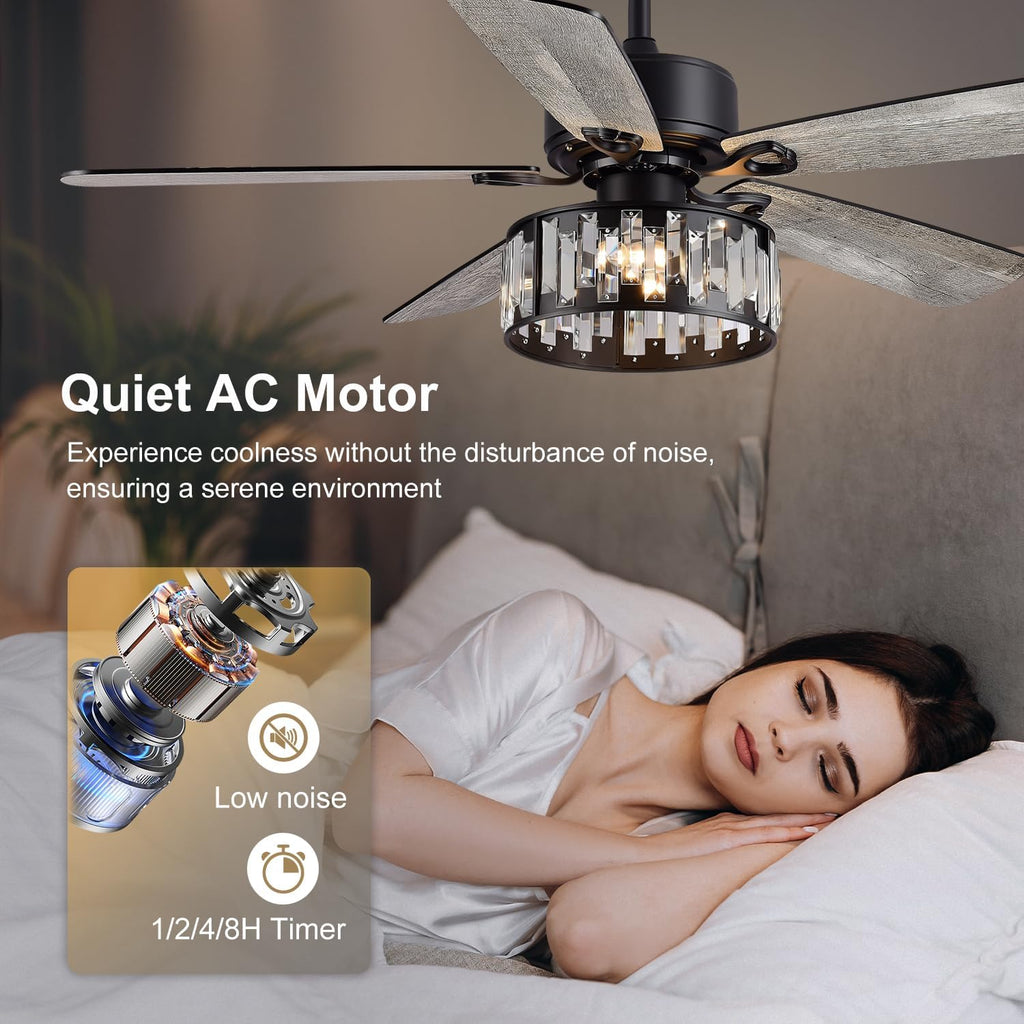 52" Black Ceiling Fan with Light Remote Control, 5 Reversible Blade Farmhouse Ceiling Fan Bedroom