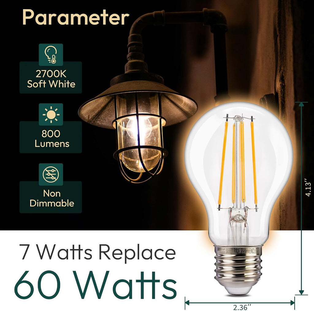 800LM Dusk to Dawn LED Outdoor Light Bulb, 2-Pack A19 LED Bulb 60W Equivalent, E26 Base, 2700K Soft White, 7W