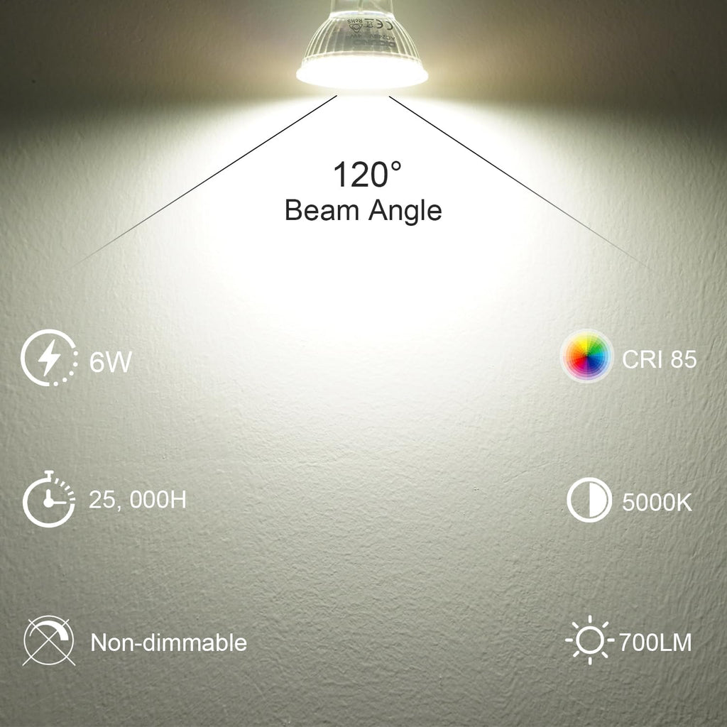 GU10 LED Bulbs 60W Equivalent, Daylight White 5000K, 700LM, 6-Pack