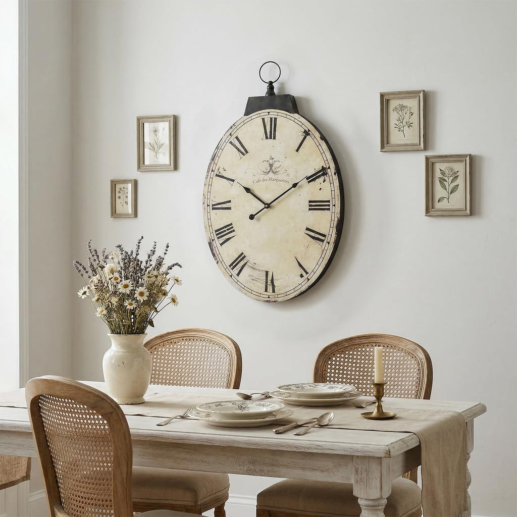 29 Inch Vintage Yellow Oval Wall Clock, Silent Non-Ticking Quartz Battery Operated Wall Clock, Large Roman Numerals