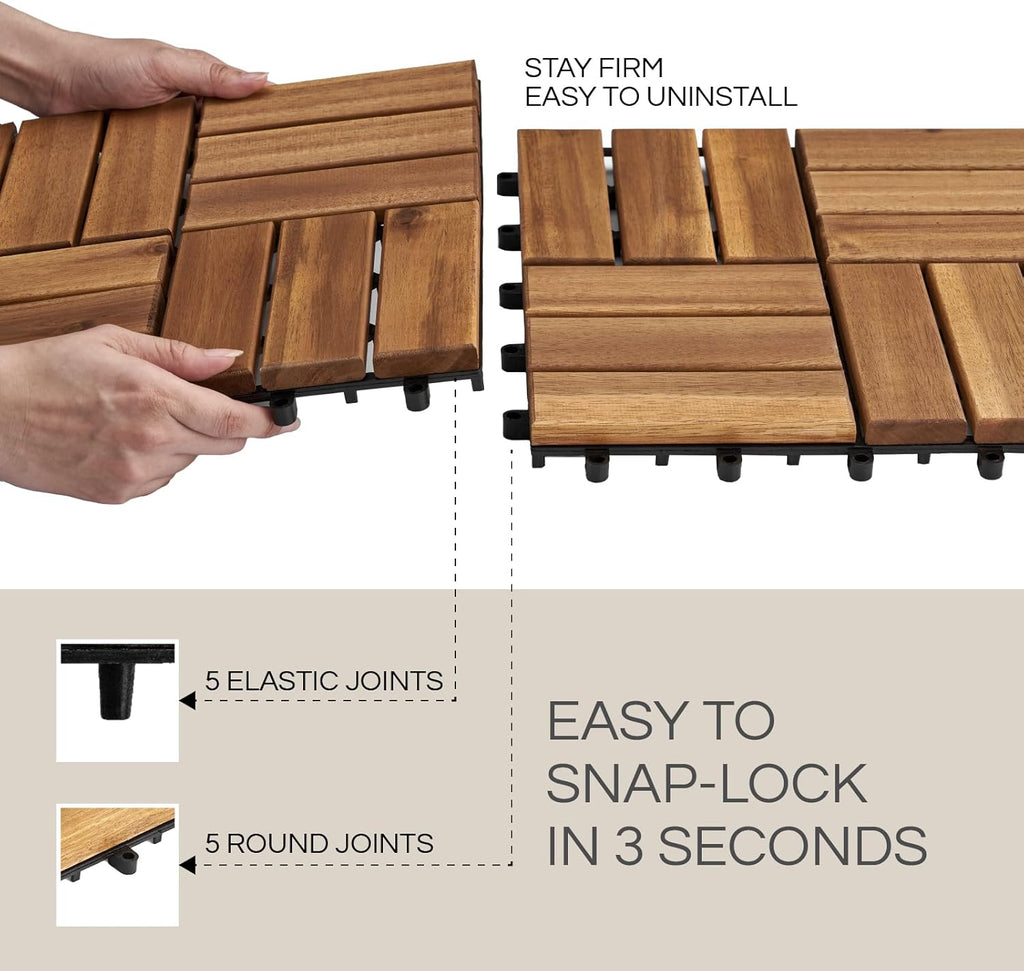 Premium Deck Tiles, Patio Flooring - Set 10 Pcs 12”x12”x0.9” Interlocking Deck Tiles, Waterproof Acacia Wood for