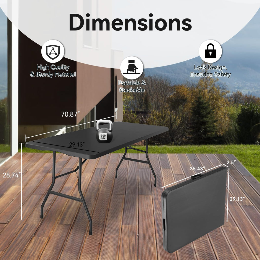 6FT Folding Table, Heavy Duty, Carry Handle, Black, 1 Pack
