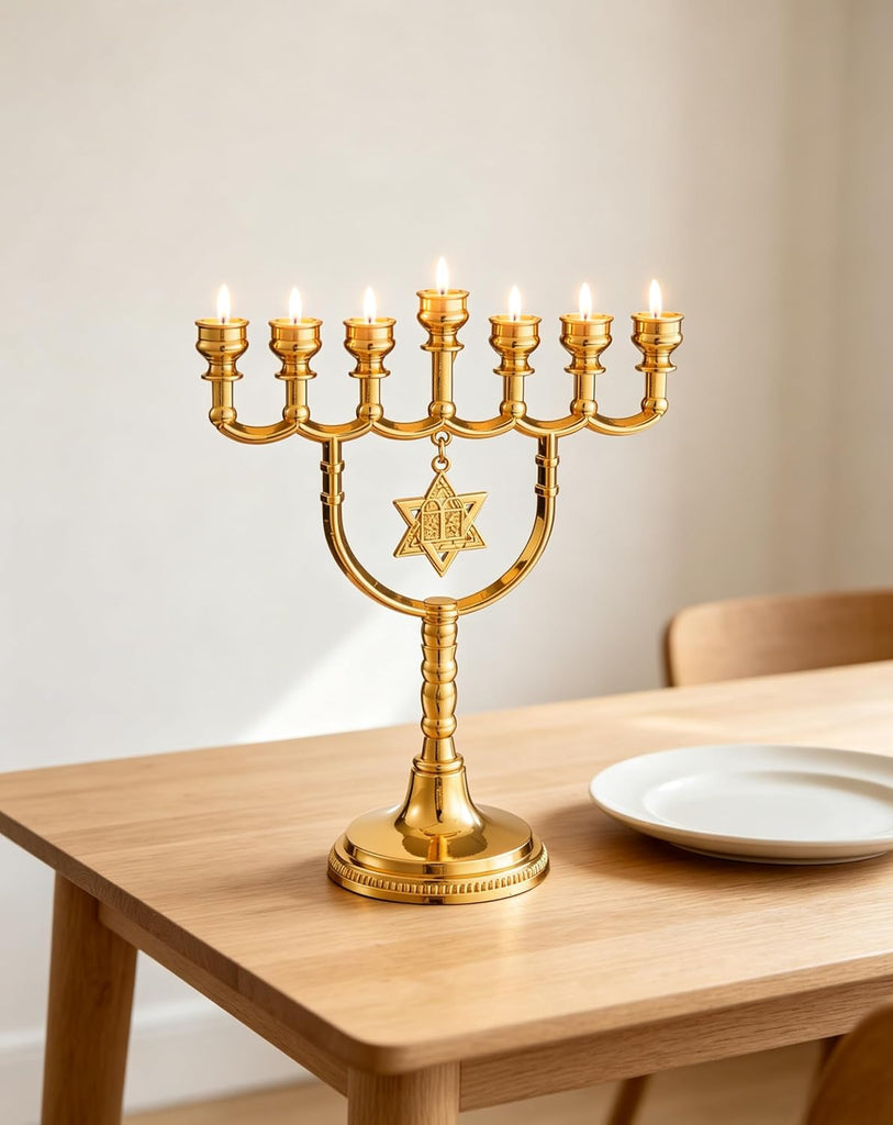 Gold 7 Branch Hanukkah Menorahs Candle Holder with Traditional Star