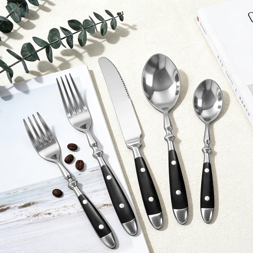 Black Silverware Set, 20pcs Flatware Set with Black Bakelite Handle