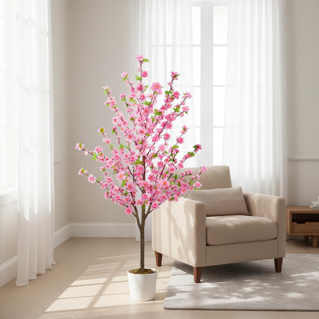 5FT Artificial Cherry Blossom Tree Faux Pink Tree Silk Sakura Tree with Plastic Moss Pot Artificial Trees Decor