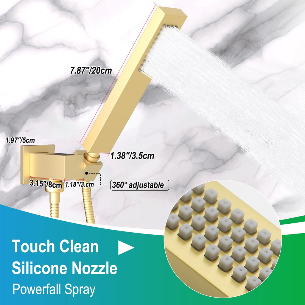 Square Brushed Gold Solid Brass Hand Held Shower Head With Wall Connector and Hose Wall Mount Handheld Showerheads Set
