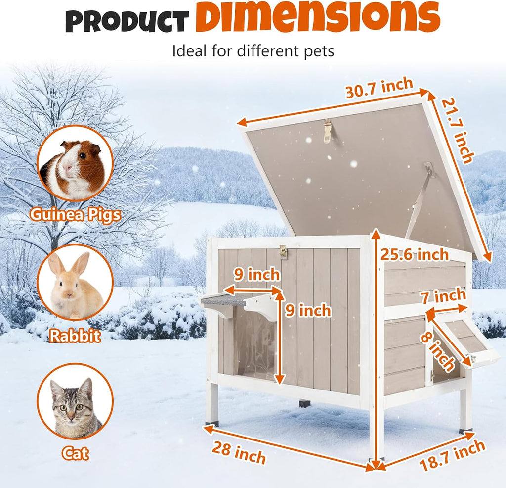 Outdoor Elevated Cat House for 1-2, Weatherproof Wooden Cat Shelter with PVC Ventilated Curtain, Dual Escape Doors