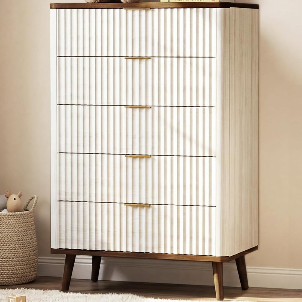 Fluted Wood 5 Drawer Dresser: 45.5" Tall Chest of Drawers, Mid Century Modern Storage Cabinet Nursery, Large Vertical
