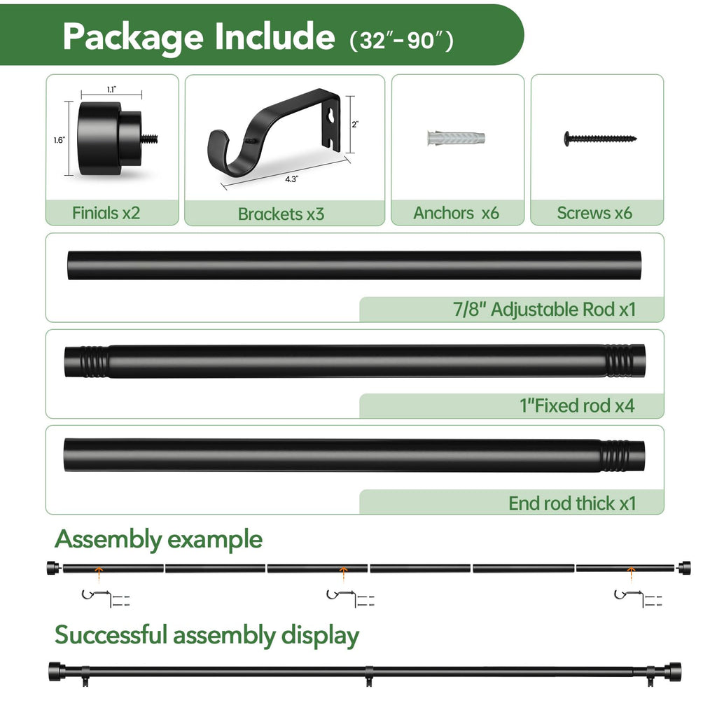 Black Curtain Rods for Windows 48 to 84 Inch (4-7 Feet), 1 Inch Diameter Adjustable Heavy Duty Curtain Rod, Modern