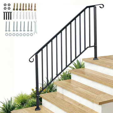 Handrails for Outdoor Steps, Black Wrought Iron Handrail Fits 4 or 5 Steps, Transitional Handrail with Installation