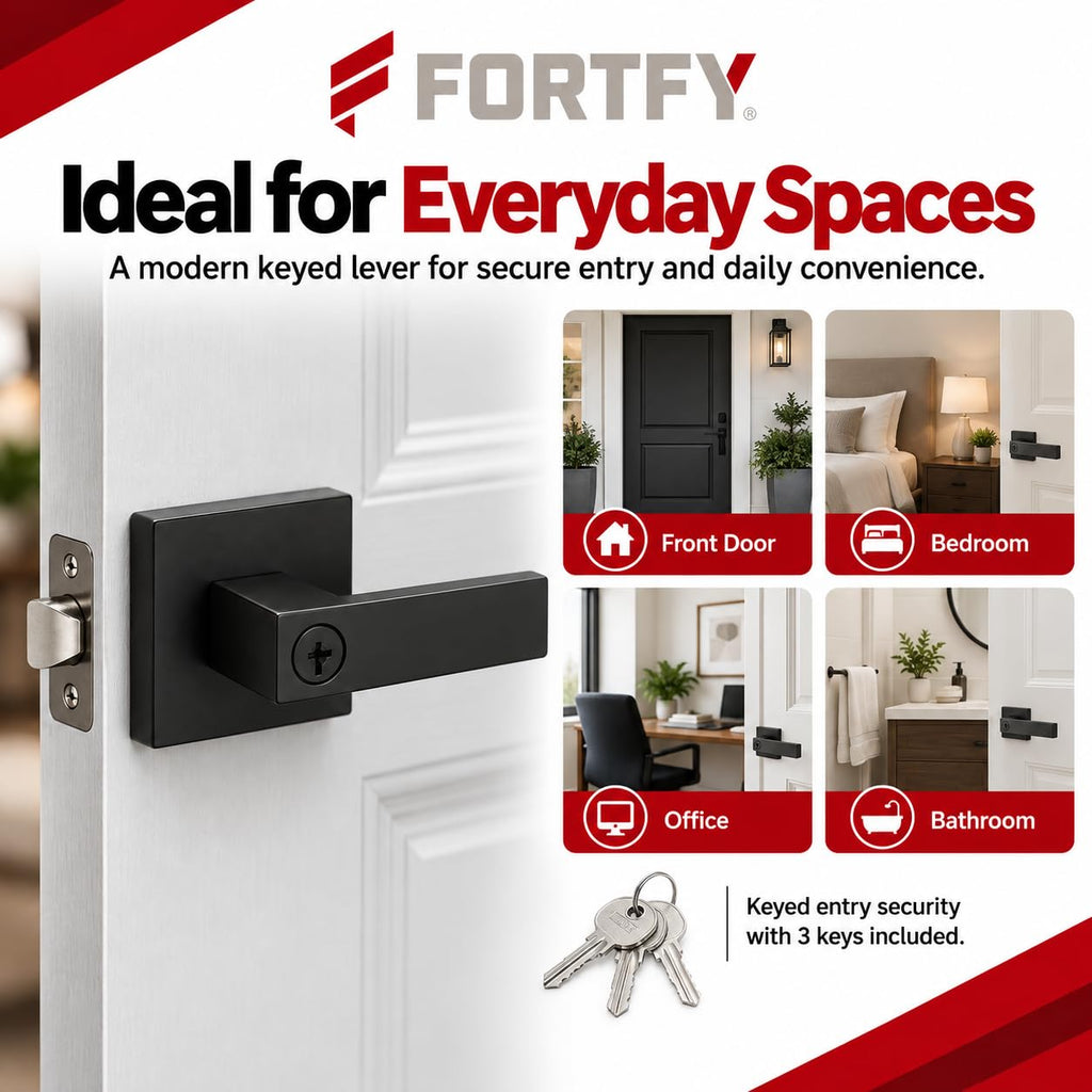 Matte Black Door Lever with Lock and Key - Keyed Entry Handle for Front Door, Bedroom & Office, Square Modern Lever