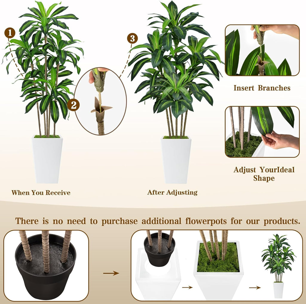 7FT Artificial Dracaena Tree with Tall White Planter, Floor Plant