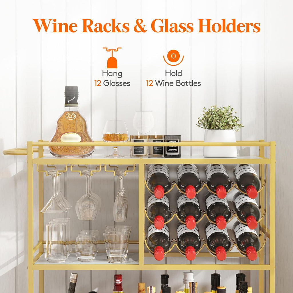 3 Tier Rolling Serving Bar Cart with Lockable Wheels, Gold | 12 wine rack and 3 rows glass holders, liquor serving