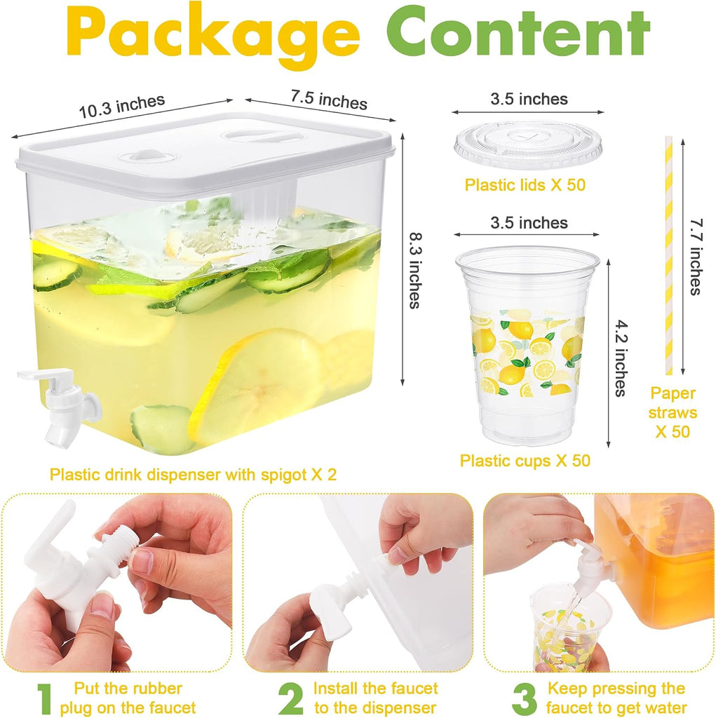 2.3 Gallon Lemonade Dispenser, Plastic Drink Dispenser with Spigot 50 Disposable 12 OZ Lemon Plastic Cups - Set of 2