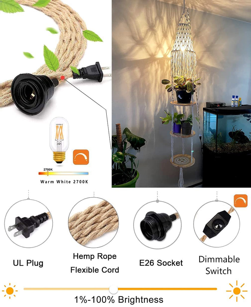 Boho Plug in Pendant Light Hanging Light with Plug in Cord, Dimmable Switch Hanging Lamp Macrame Lamp Shade and Plant