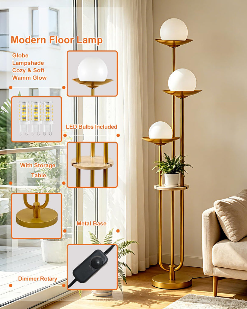 3-Globe Floor Lamp with Table Modern Gold Dimmable Floor Lamps