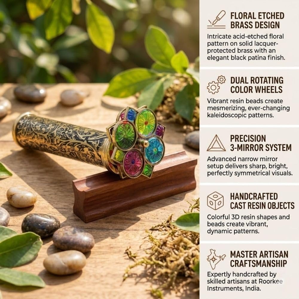 Handmade Giant Trigon Flower Brass Kaleidoscope - Stunning Visual Display with Hardwood Base - Unique Gift