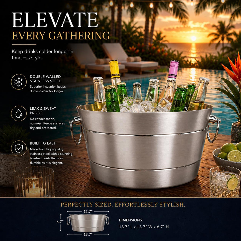 Insulated Beverage Tub & Ice Bucket, Stainless Steel Silver, 12Qt