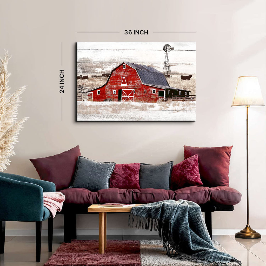 Red Old Barn Wall Art Country Windmill Wall Decor Rustic Farmhouse Landscape Picture Canvas Prints Kitchen, Vintage