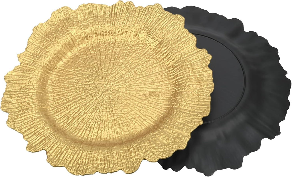 Inch Gold Charger Plates, Round Reef Pattern, Plastic, for Dinner Plates, Wedding Decor, Table Setting - Set of 12
