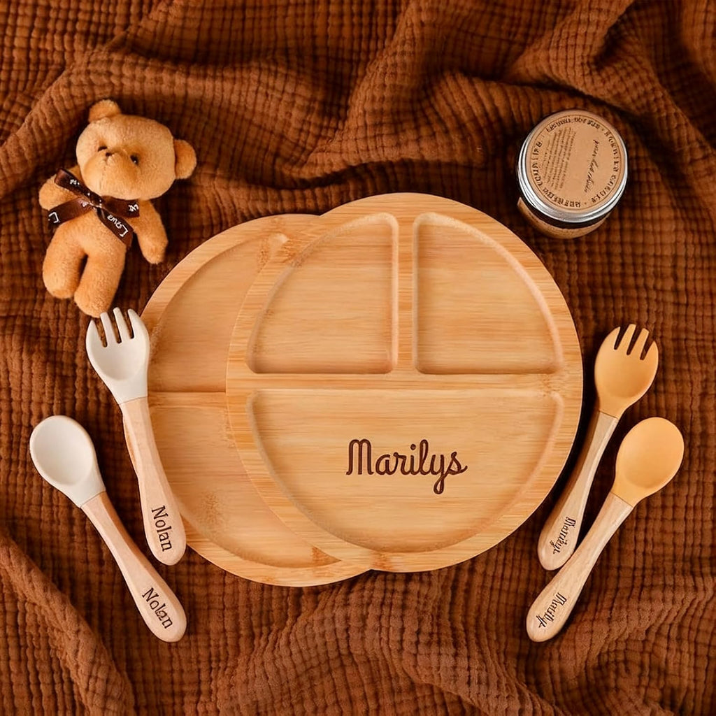 Personalized Natural Bamboo Baby Led Weaning Set with Divided Plate & Silicone Utensils | Non-Toxic Toddler Feeding