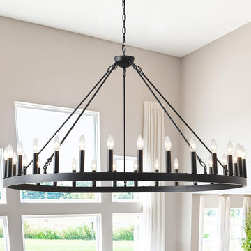 53 Inch Large Black Wagon Wheel Chandelier 30-Light Farmhouse Wagon Wheel Chandeliers Round Industrial Ceiling Light