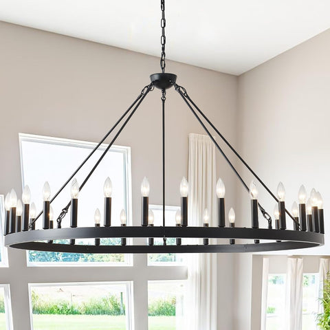 53 Inch Large Black Wagon Wheel Chandelier 30-Light Farmhouse Wagon Wheel Chandeliers Round Industrial Ceiling Light