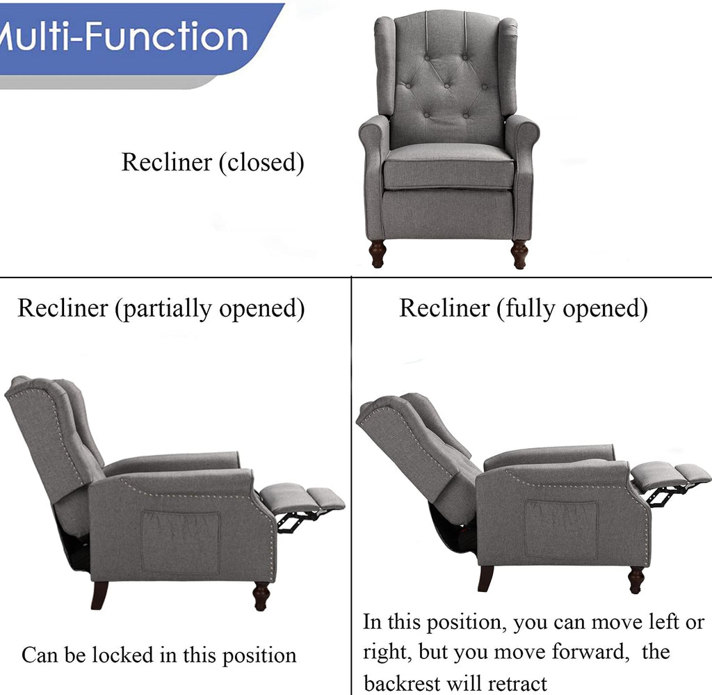 Wingback Recliner Chair with Massage and Heat- Accent Chair Push Back Chair Bedroom, Tufted Comfy Reclining Arm Chair