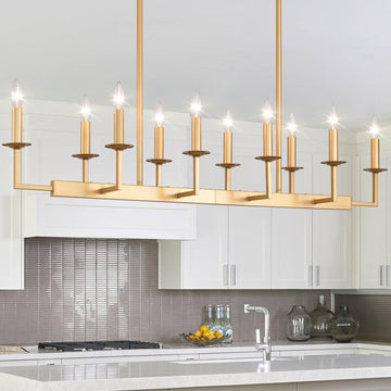 Rustic Gold Linear Chandelier,Extra Long Candle Chandelier,Gold Light Fixture Living Room Kitchen Island