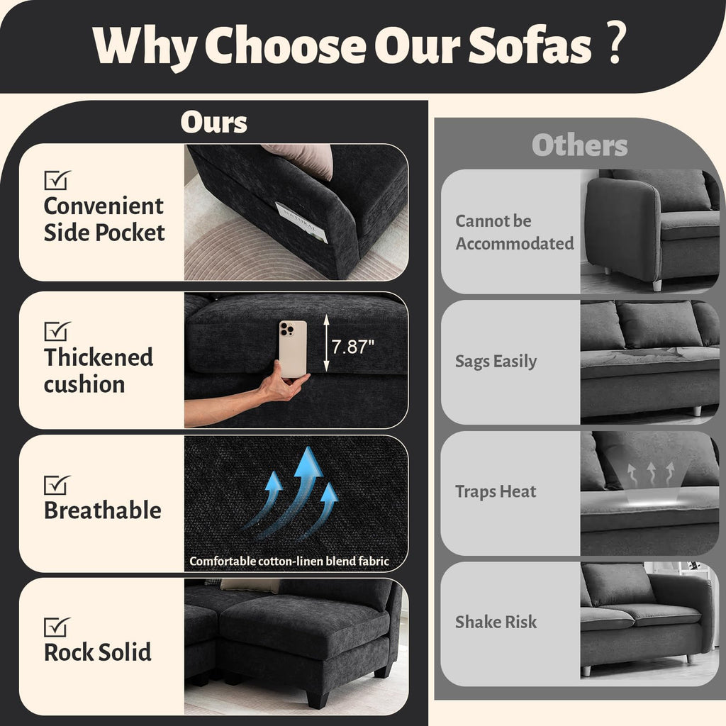 124" U-Shaped 8 Seater Sectional Couches with Storage Ottoman, Black