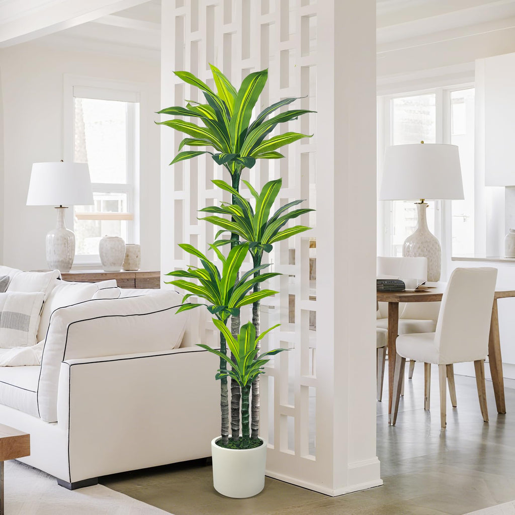 Artificial Dracaena Tree 6ft, Tall Fake Dracaena Plants with White Planter, Faux Dragon Tree Indoor Floor Plant Decor