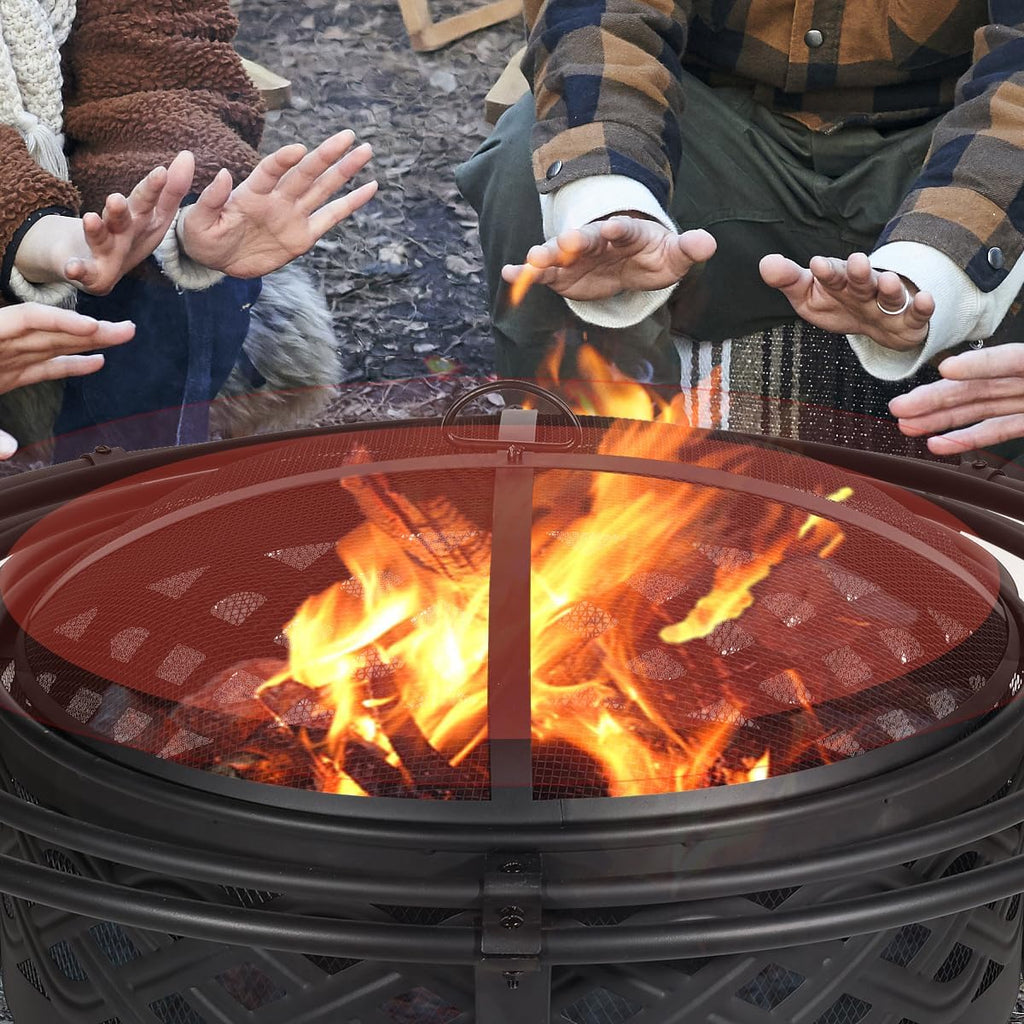 36 Inch Fire Pit with 2 Loops,Crossweave Wood Burning Fire Pits for Outside,with Spark Screen,Fire Poker,Round Outdoor F