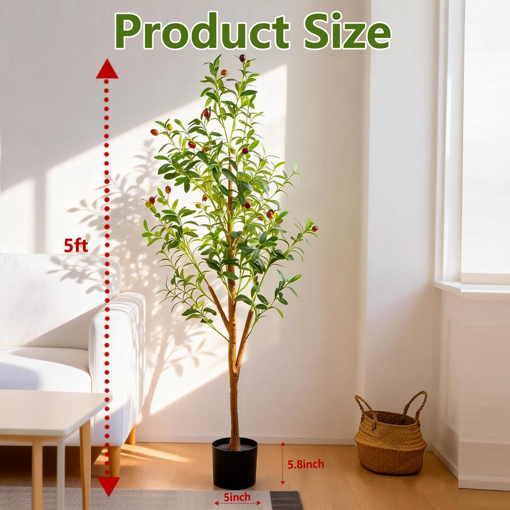 5FT Artificial Olive Tree Indoor, Tall Faux Olive Tree with Pot&Basket, Large Fake Olive Tree with Realistic 720 Silk