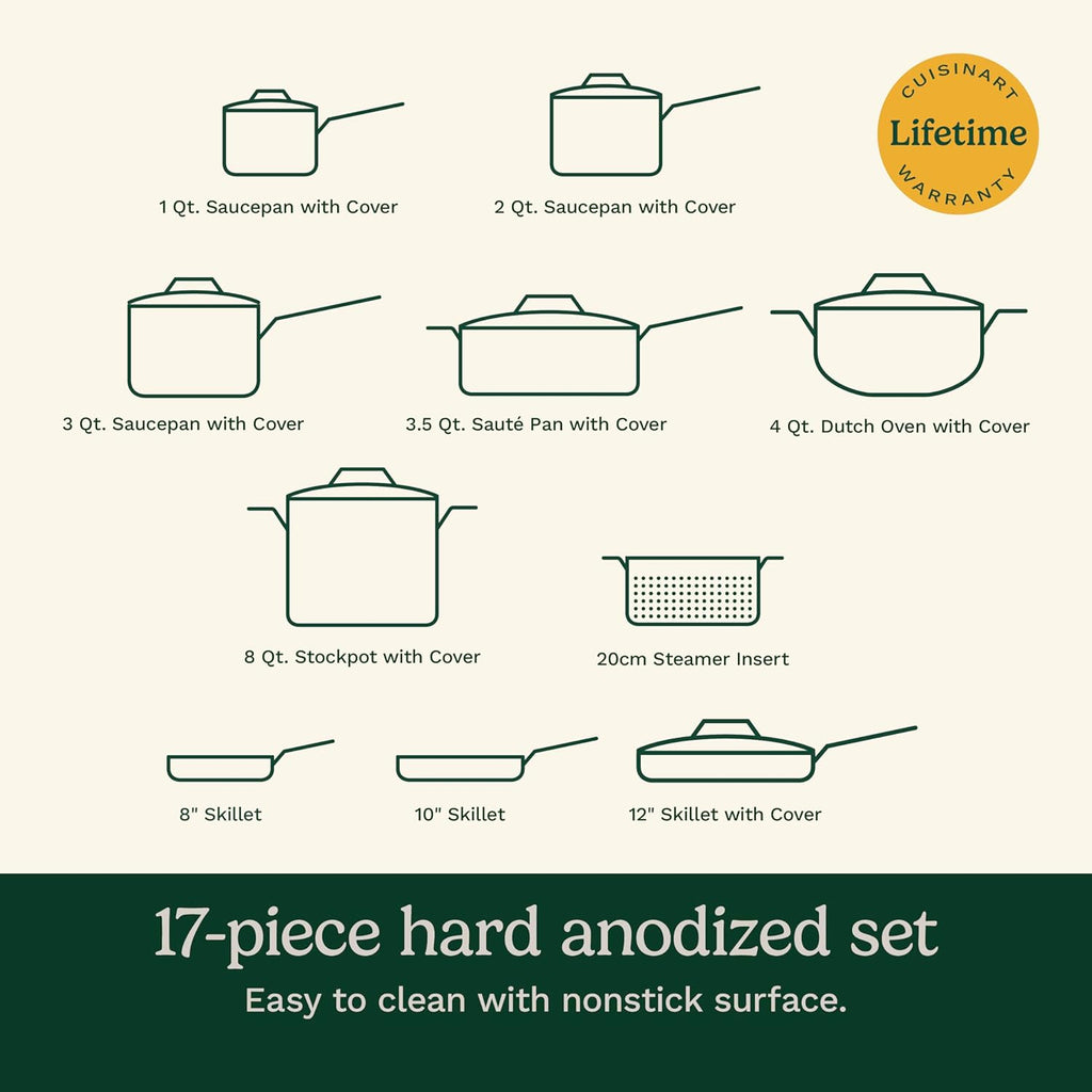 17-Piece Pots and Pans Set, Non Stick Hard Anodized Cookware Set, Compatible with Electric, Gas Cooktops, Dishwasher
