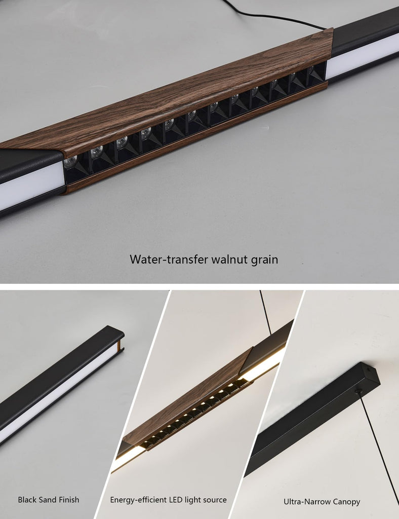 94′′ Black Linear Pendant Light - Dimmable High Output LED, Modern Black Finish with Walnut Wood Grain Accent, 8ft