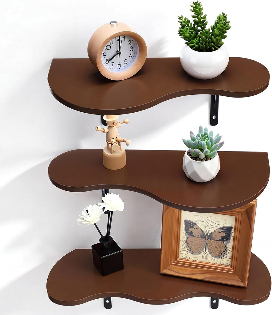 3 Pcs Wooden Floating Shelves Wavy Cloud Shelves Wood Walnut Shelf Live Edge Wall Mount Shelf Dark Brown Rustic