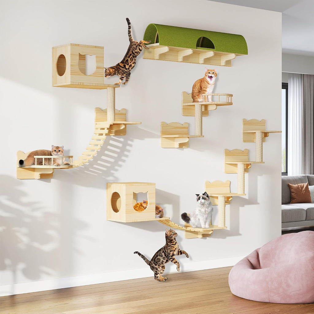 Cat Wall Shelves, 18-in-1 Cat Wall Furniture Set w/Tunnel & Bridge
